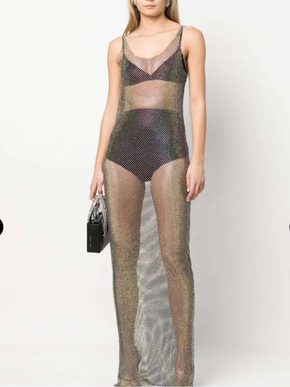 DA VEAMOR Rhinestone Mesh Maxi Dress S Black Iridescent Sheer NWT